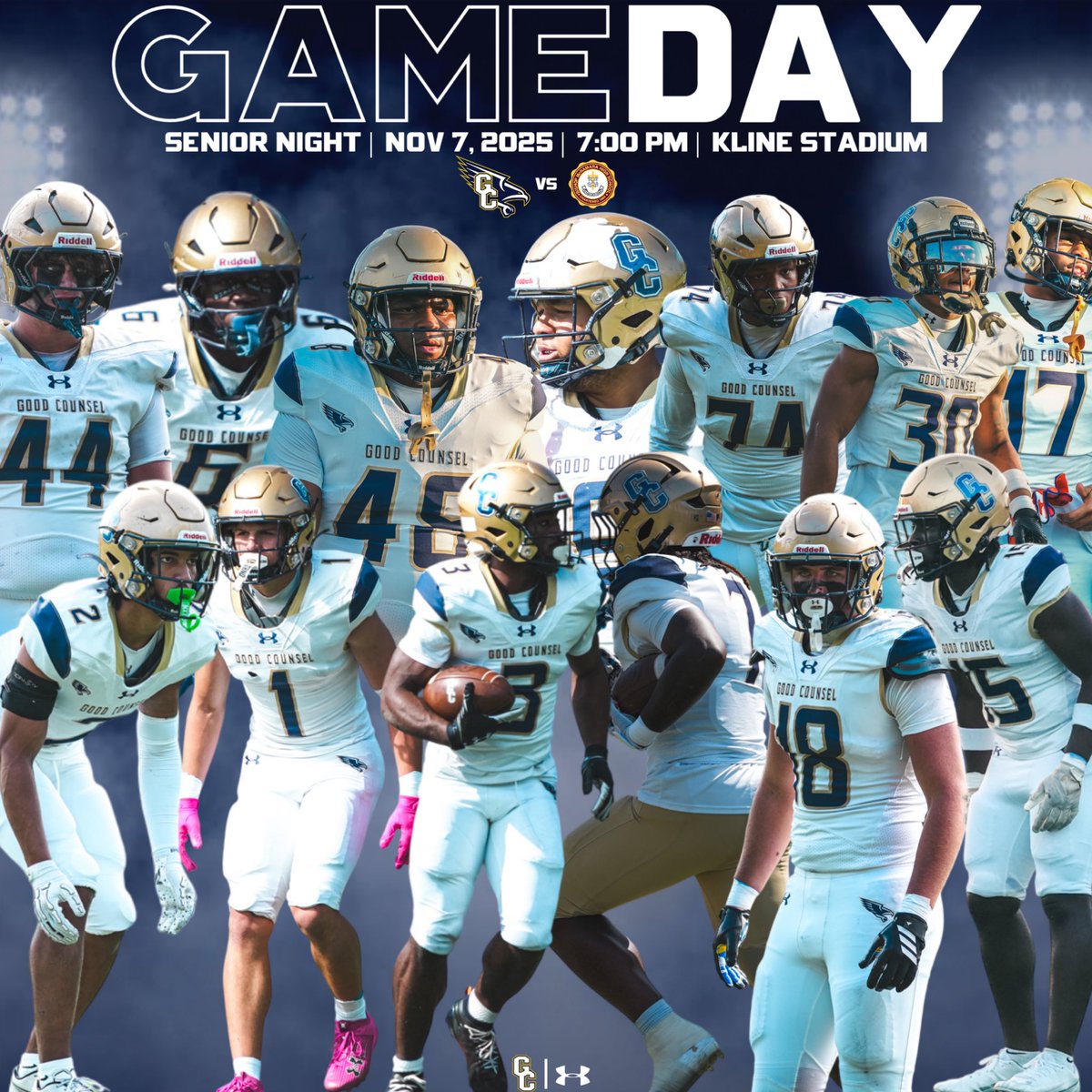 🚨GAMEDAY &amp; SENIOR NIGHT🚨

🆚 McNamara 
📅 November 7, 2025
⏰ 7:00pm
🏟 Kline Stadium - Dancel Field
📍Olney, MD
🎟 $5 cash only @ the gate
📺 olgchs.org/livestreaming
<a href="/WCACSports/">Washington Catholic Athletic Conference</a>

We will honor our seniors during pregame at 6:15pm.

🎨 <a href="/coachcstef/">Carlyn Stefanelli</a>

#WeAreGC 
#DontLookBack