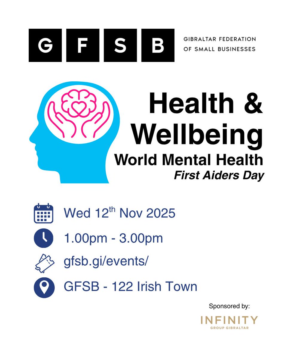 To mark World Mental Health First Aider Day, we are hosting a special 90-minute session on Wed 12th Nov, focused on celebrating and strengthening the vital role of Mental Health First Aiders (MHFAs) within our workplaces and communities.   Register at gfsb.gi/events/