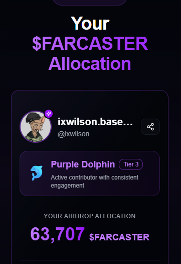 Check your farcaster airdrop allocation! 
(unofficial but study the criteria)

Check here: farcaster.xyz/ixwilson/0x713…

Criteria: 
-Total Casts
-Likes
-Recasts
-Replies
-Engagement.