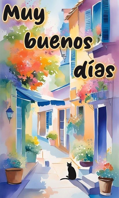 Vibrant watercolor painting depicts a narrow cobblestone street in a quaint village with ochre and blue shuttered buildings on both sides. Potted flowers in red orange and purple bloom abundantly on windowsills and steps. A black cat sits calmly on a stone step near the center. Sunlight filters through overhanging greenery casting soft shadows on the ground. The scene evokes a peaceful Mediterranean town atmosphere.