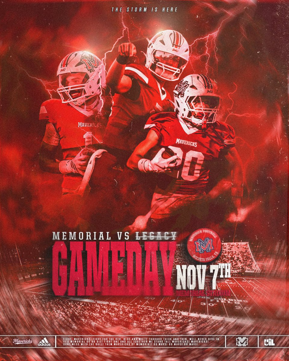 🔴🔴🔴Game Week🔴🔴🔴

Open the gates!

📅 Fri. 11/7
⏰ 7:00 PM
🏟️ Memorial Stadium, Wichita Falls TX
📻 <a href="/MemorialSN/">Memorial Mavericks Sports Network</a>
 📺 youtube.com/@wichitafallsi…
🎟️ athletics.wfisd.net/tickets

#MavsOnTop #Unbreakable #BullRush
