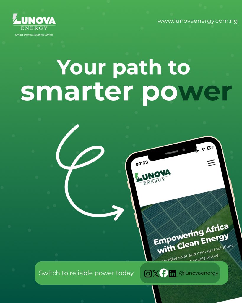 You won’t believe how simple clean power can be.
Smart solar and mini-grid solutions for homes and businesses across Africa.
Steady power. Lower costs. Real support.

Start your clean power journey with us

#LunovaEnergy #SolarNow #CleanEnergy #RenewableEnergy #EnergyForAfrica