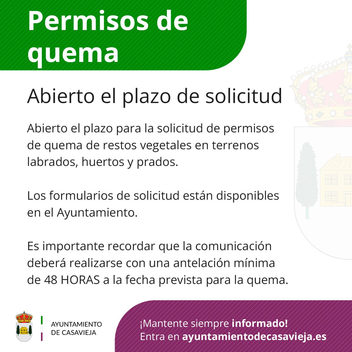 Vía Ayuntamiento de #Casavieja
Abierto el plazo para permisos de quema de restos vegetales en terrenos labrados, huertos y prados. 
Solicítalo en el Ayuntamiento...
ayuntamientodecasavieja.es/solicitudes-pe…

Turismo Casavieja: guiatietar.com/casavieja/
-
#valledeltietar #gredos #avila #turismorural