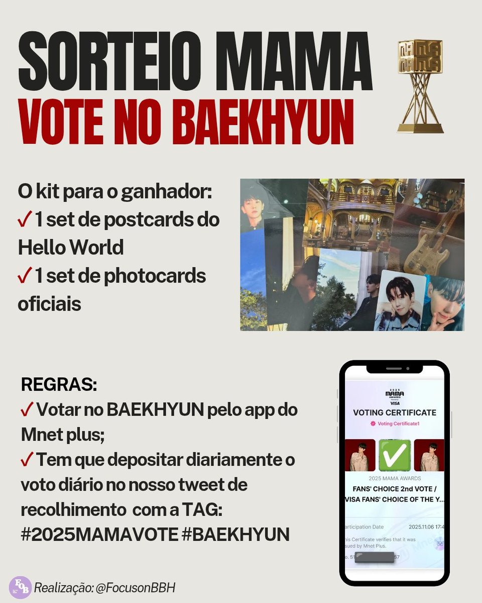 FocusonBBH's tweet photo. ✨ VOTE E CONCORRA! ✨ ✔️

‼️Faltam 3 dias para a votação terminar! Participe do nosso mutirão de votos pelo Baekhyun no MAMA 2025 e concorra a um kit especial! 💿💖

🗳️ Como participar:

1. Vote diariamente no Baekhyun na categoria Fan’s Choice pelo app Mnet Plus e VISA Fans Choice of the Year.

2. Envie seu comprovante de voto no tweet de recolhimento, usando as tags #2025MAMAVOTE #BAEKHYUN

3. Vote todos os dias dessa reta final (faltam 3 dias para a votação terminar) para validar sua participação.

4. Quanto mais votos, maiores as suas chances de ganhar!

5. Dê RT neste tweet para alcançar mais exols e bbhls!

6. Válido apenas para participantes do Brasil 🇧🇷

📍DEPOSITE AQUI OS COMPROVANTES DO D-1 ⬇️