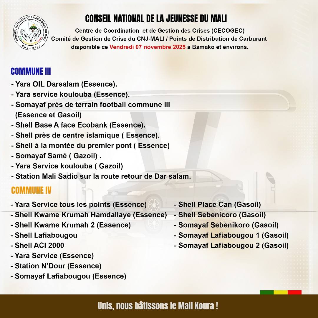 Malijetactu's tweet image. "Mali: Les #stations-service approvisionnées ce jour, vendredi 07 novembre 2025, à #Bamako et dans les localités environnantes.