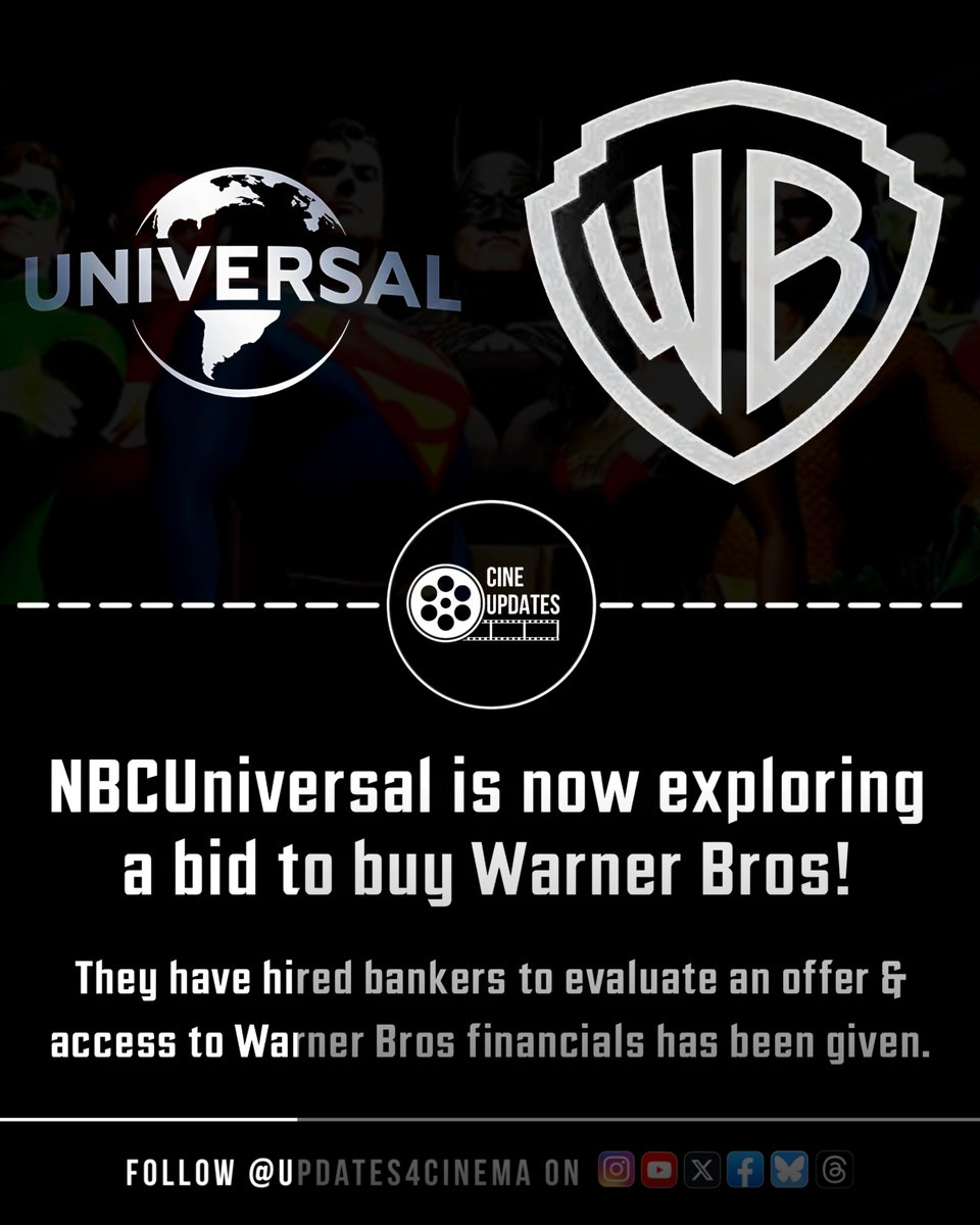Updates4Cinema's tweet image. NBCUniversal is considering a bid to acquire Warner Bros. They’ve brought in bankers to assess a potential offer, and have been granted access to Warner Bros’ financials.

Source: Reuters

#NBCUniversal #WarnerBros #DCStudio
