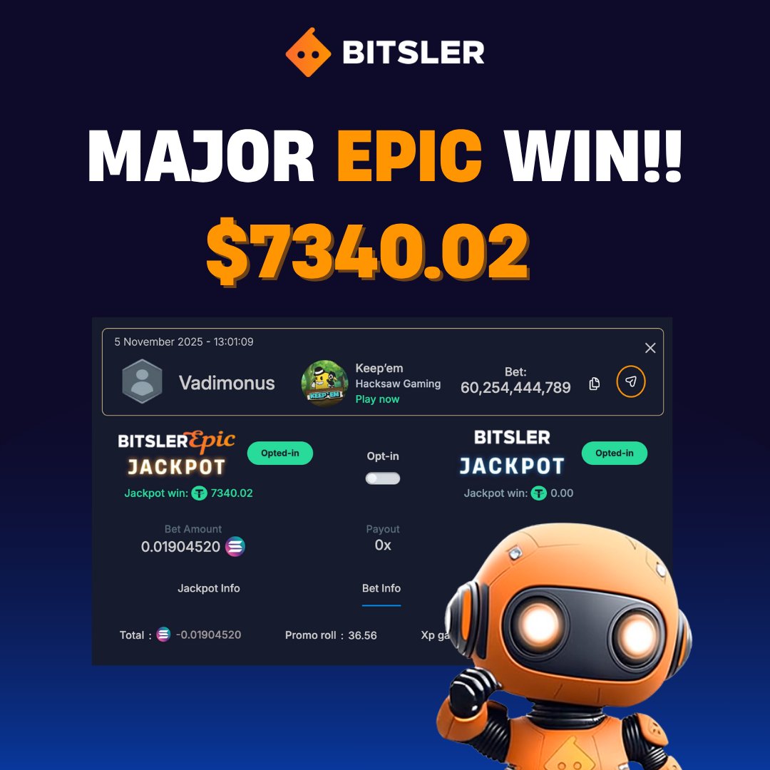 Bitsler's tweet photo. π€ MAJOR EPIC JACKPOT WINNER π€
π₯³ Congrats to Vadimonus for winning the Epic Major Jackpot whilst playing Keep'em! π€
Opt-in now for your chance to WIN BIG!
Try it our yourself π https://t.co/xR9j9k7gBP
#EpicJackpot #MajorWin #WinBig Jackpot #JackpotWinner https://t.co/9BweJc17Uq