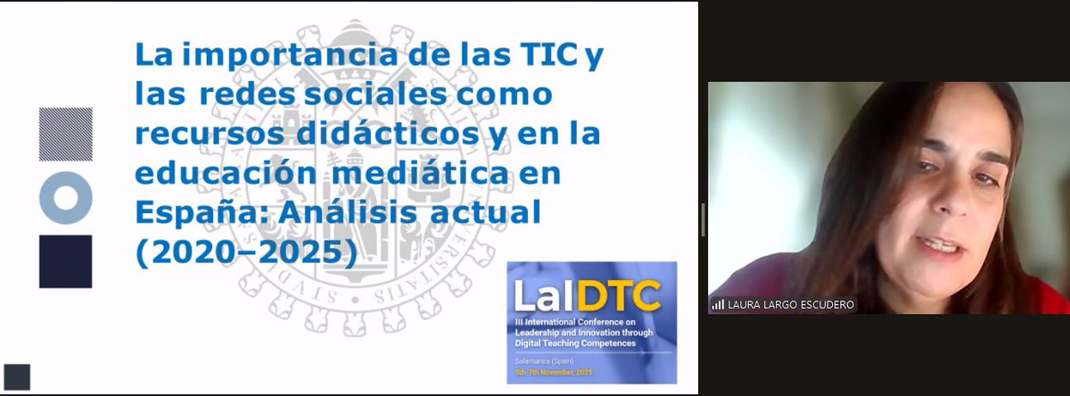 LaIDTC's tweet photo. @longlaura2 profesora del departamento de Física y Química en el @ieszorrilla analiza "La importancia de las TIC y las redes sociales como recursos didácticos y en la educación mediática en España: Análisis actual (2020-2025)" en #LAIDTC25 de @usal @BISITE_USAL @educyl https://t.co/3cxWgjlI8I