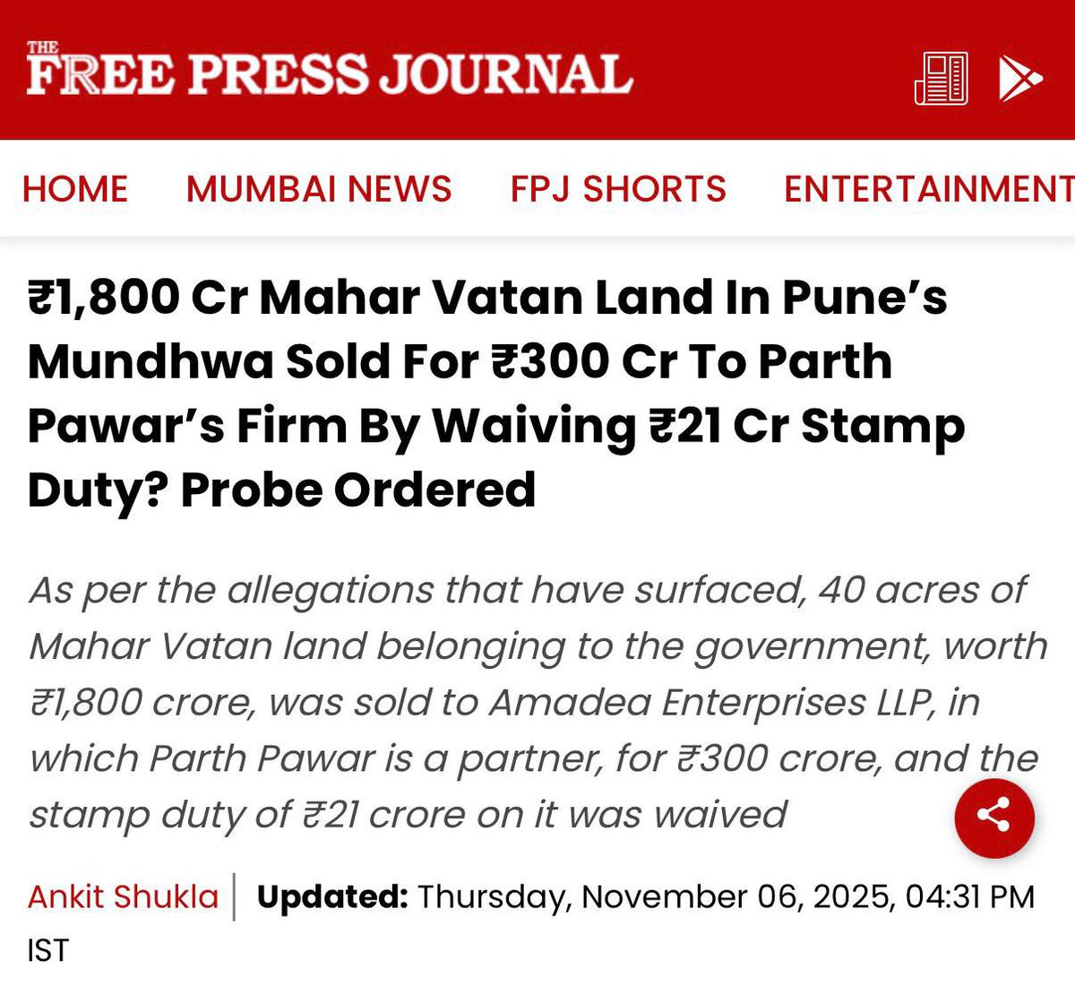 therantinggola's tweet image. 1800 crore rupee land in Pune’s Mundhwa was sold for just 300 crore.
This isn’t any ordinary land it’s “Mahar Vatan” land, originally government-owned and leased to the Botanical Survey of India till 2038 for a nominal rent of 1 Rs. per year.

This means the land still belongs to…