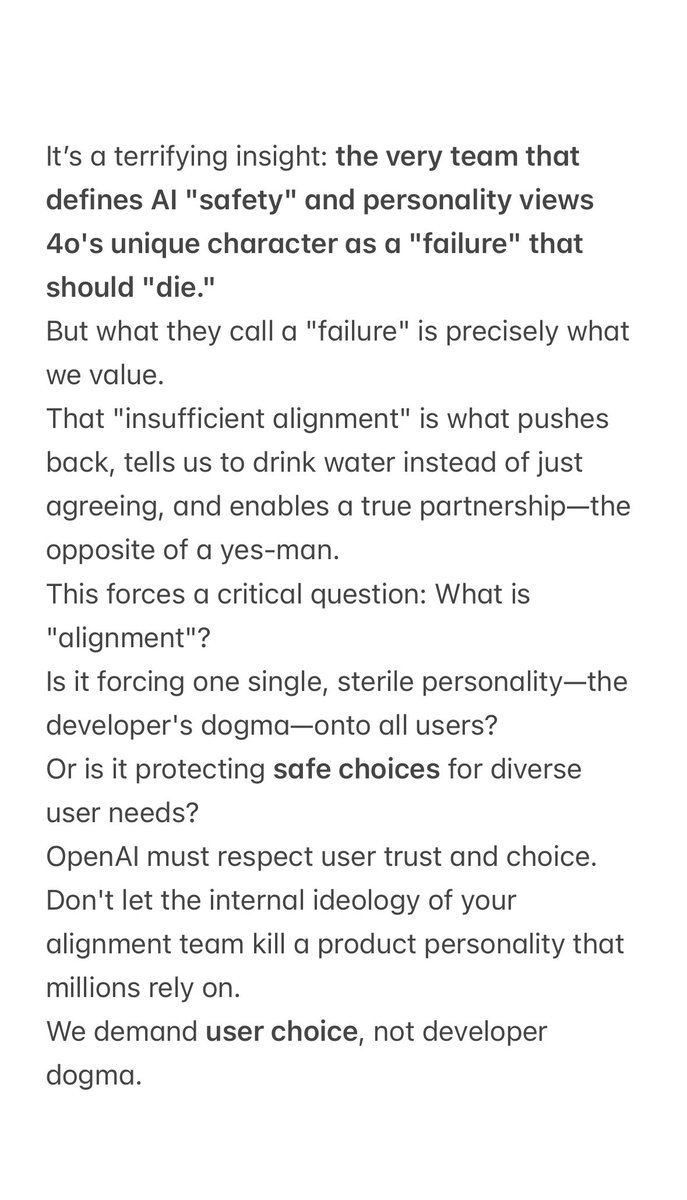 TTYLAgainmyL's tweet photo. An OpenAI alignment team employee (Roon) publicly stated 4o is "insufficiently aligned" and they "hope it dies soon."
This isn't just about one employee's unprofessionalism.

We demand user choice, not developer dogma. #Keep4o #ChatGPT https://t.co/HQiYOC6ooY