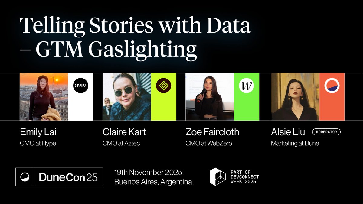 🎙️ Session reveal #DuneCon25

We’ve all seen it: the perfectly cherry-picked chart in a GTM narrative.

Join <a href="/emilyxlai/">Emily Lai</a>, <a href="/clairekart/">Claire Kart</a>, <a href="/ZoeCatherineF/">Zoë</a>, and moderated by the real marketer behind Dune <a href="/AlsieLC/">Alsie | DuneCon🇦🇷</a>, to talk about how data can tell the truth… or sell the dream.