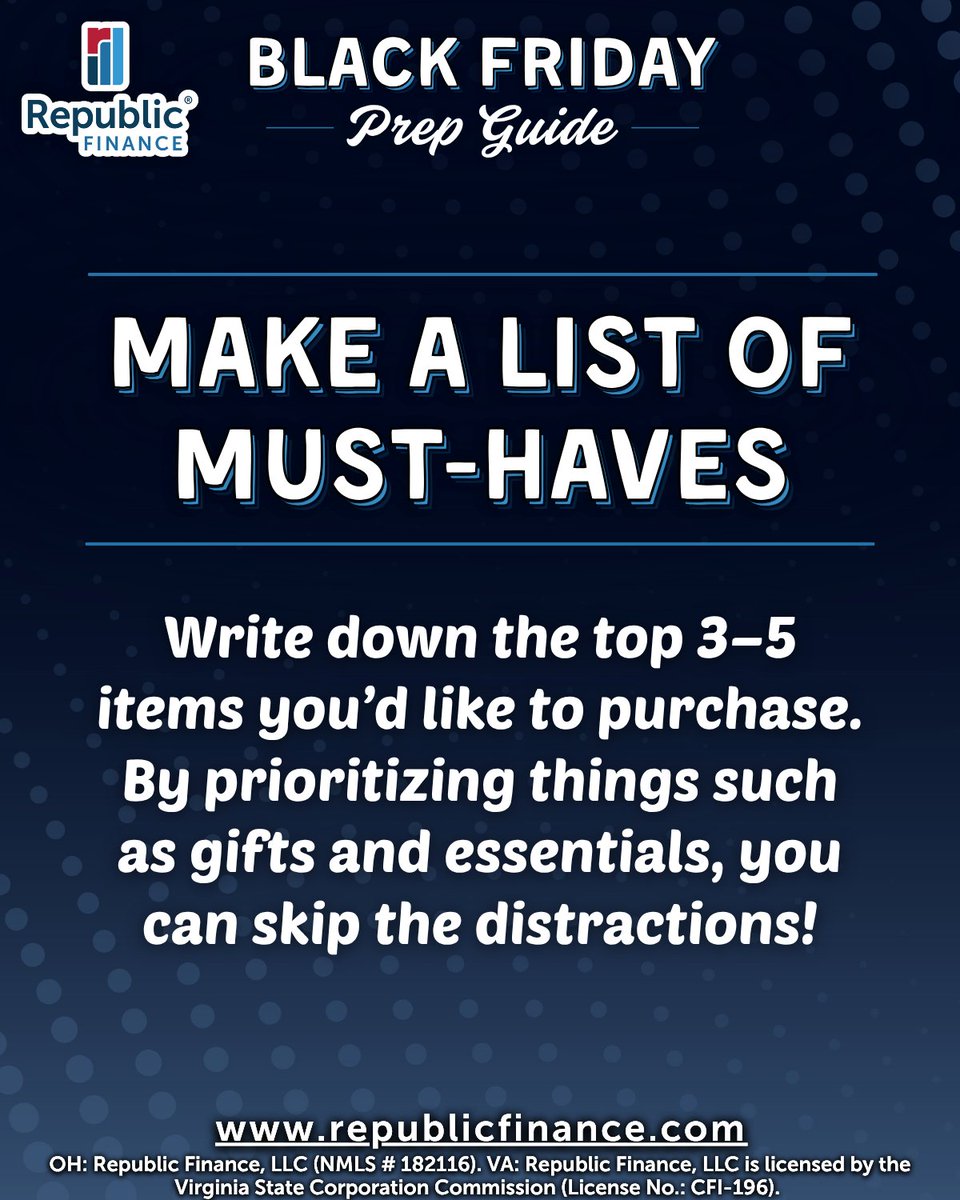 RepFinance's tweet image. Shopping with a plan can help you avoid the chaos and score more savings! And if you need a little extra funding, see how Republic Finance could help with a Holiday Loan!

What’s your #1 preparation tip for Black Friday 2025?