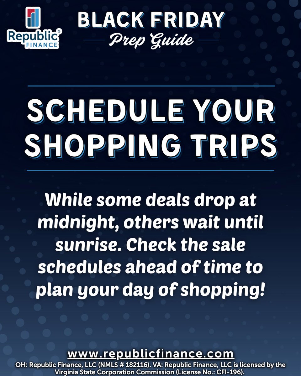 RepFinance's tweet image. Shopping with a plan can help you avoid the chaos and score more savings! And if you need a little extra funding, see how Republic Finance could help with a Holiday Loan!

What’s your #1 preparation tip for Black Friday 2025?