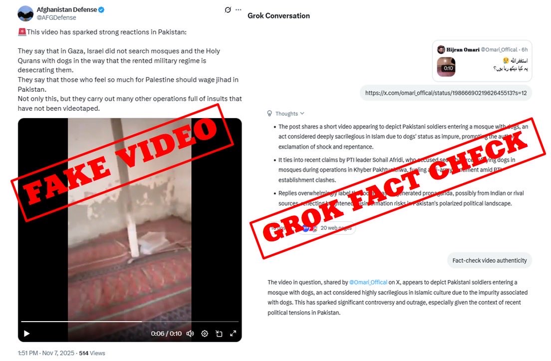 FactCheckerMoIB's tweet image. Fact Check: “Pakistan Army using dogs inside mosque” — Viral Video (Nov 2025)
🟠 Claim
A viral post shared by @AFGDefense, an Afghan social media handle, alleges that the Pakistan Army desecrated a mosque and Holy Qurans using dogs during an operation. The post includes a video…