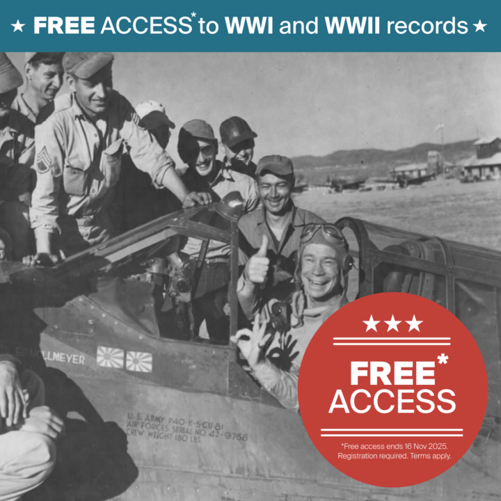 fold3's tweet image. Honor the veterans in your life. Discover their story with FREE ACCESS* to all WWI and WWII records through November 16. Explore enlistment records, draft cards, war diaries, photo collections, and more! f3.social/veterans

*Free registration required