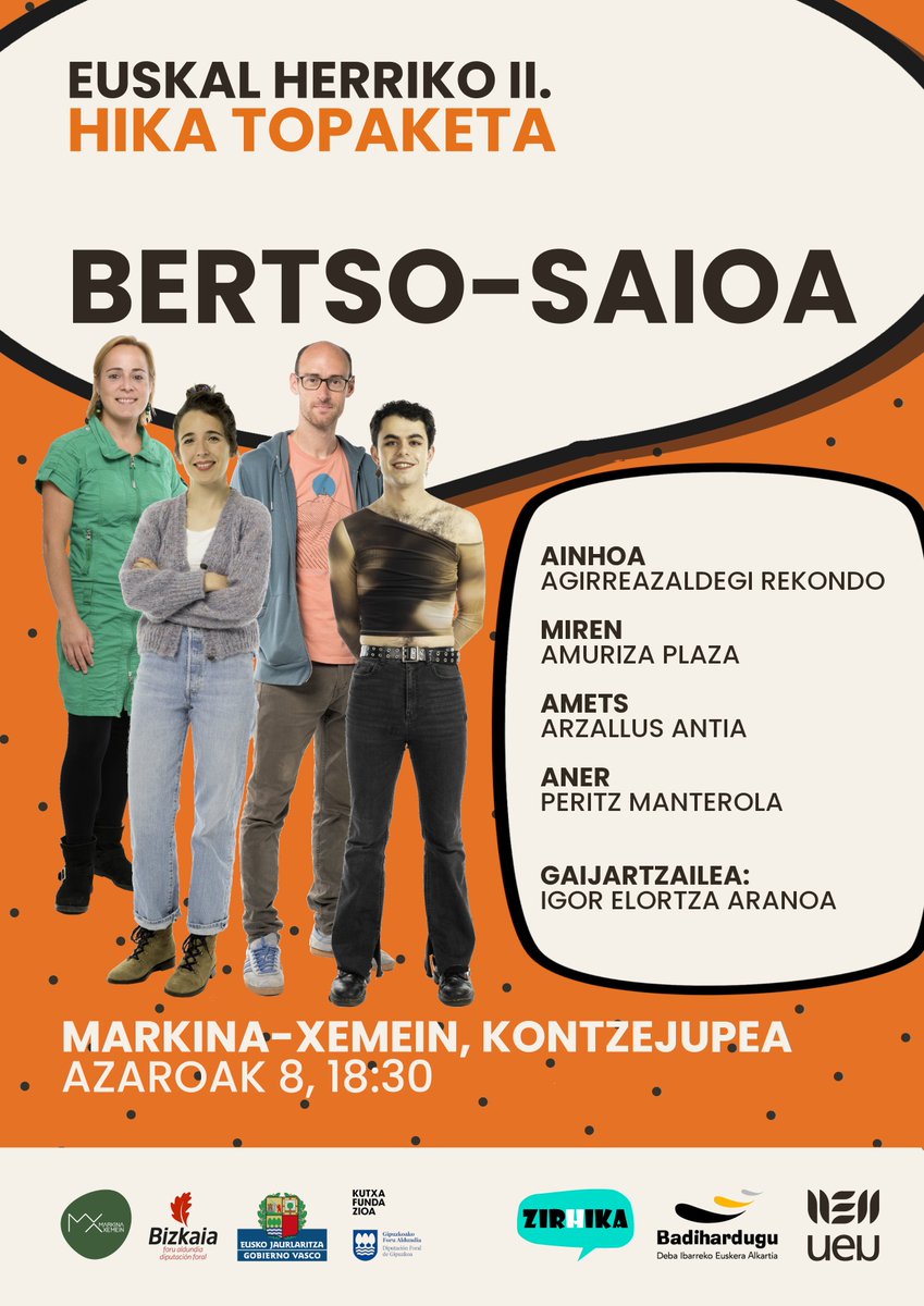 JARDUNALDIAK| #EHhikatopaketa

Euskal Herriko II. Hika Topaketa  bihar, azaroak 8, Markina-Xemeinen,  Zirhika mugimenduarekin eta Badihardugu euskara elkartearekin elkarlanean

ueu.eus/jarduera-akade…
Eta jardunaldiaren ostean Kontzejupean bertso-saioa herritarrei irekia