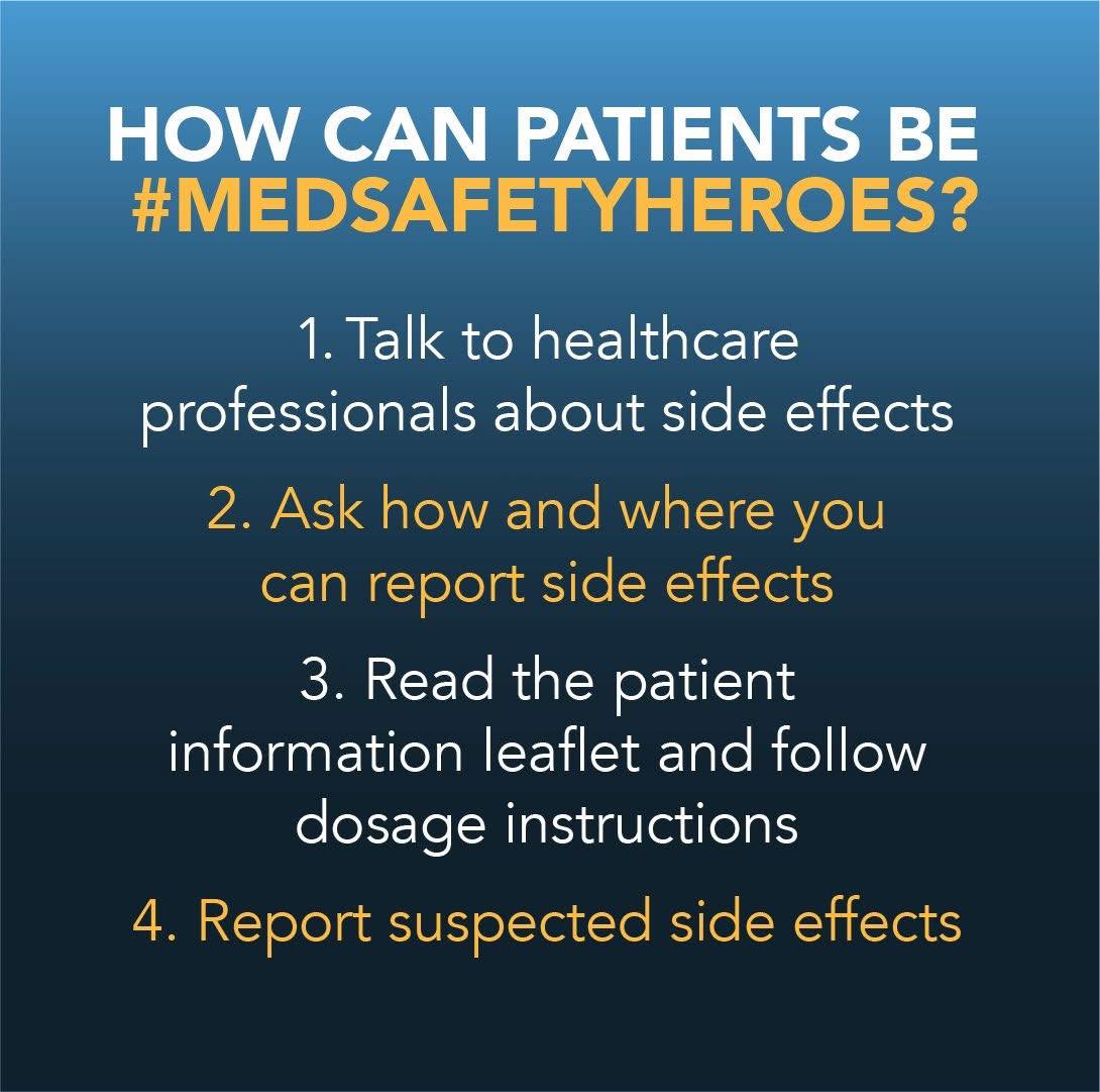 How can you be a #MedSafetyHero?
Every patient or patient carer has the power to make medicines safer for all. Here are 📷 ways that you can be more vigilant in the use of medicines and help raise awareness of #pharmacovigilance: