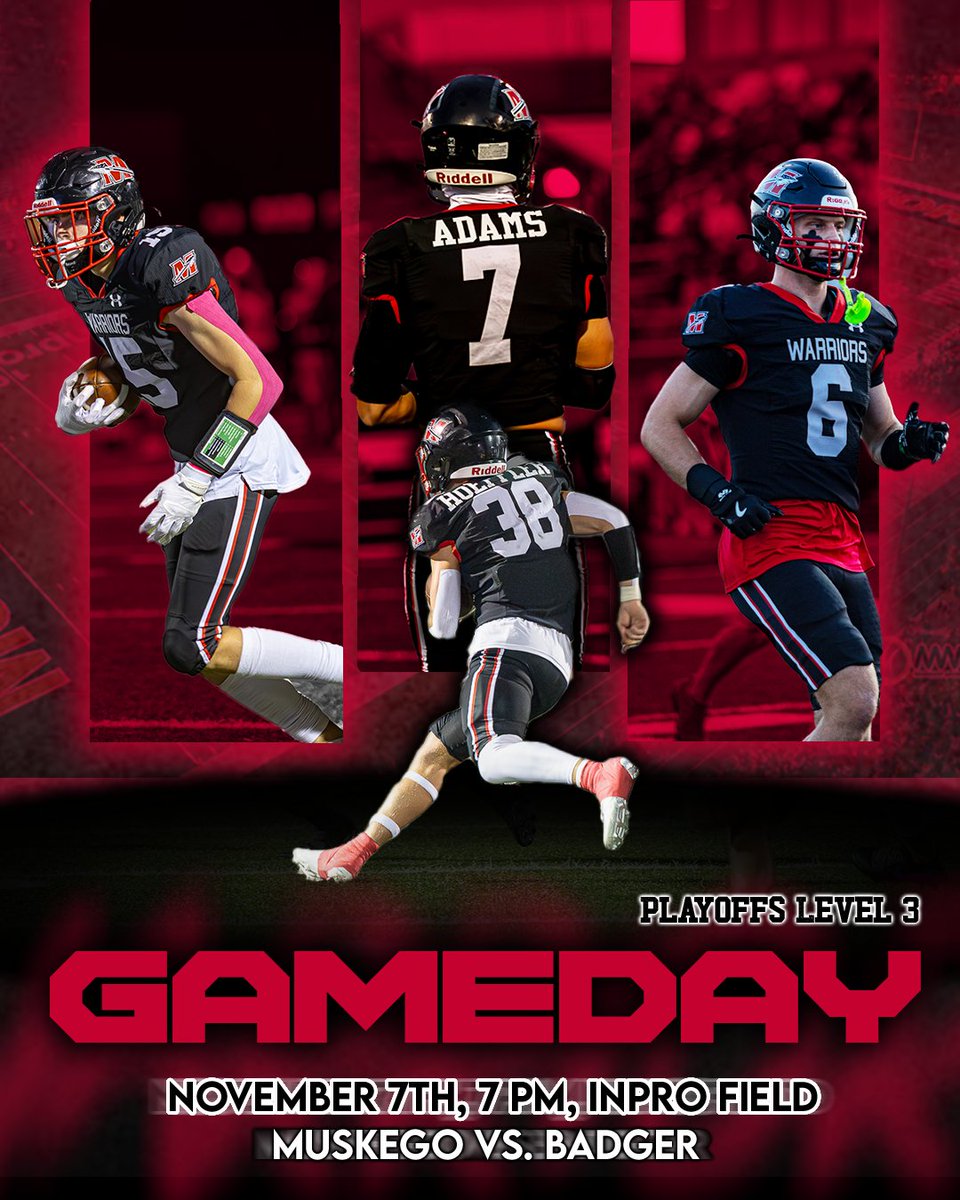 1WarriorMHS's tweet image. GAMEDAY!!! This team has made it to Level 3! Make sure to pack the stands TONIGHT for this WIAA Level 3 Playoff Game at 7 PM on Inpro Field! GO WARRIORS! @MuskegoGridiron @MuskegoHSFB