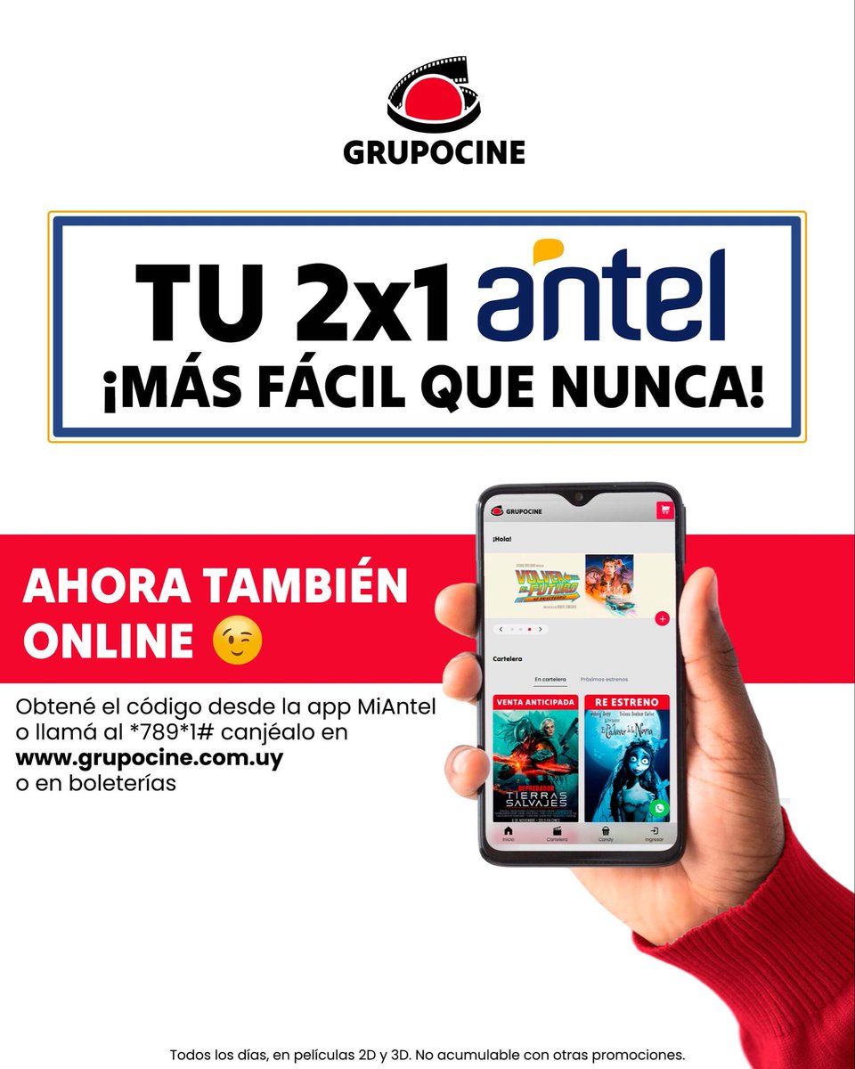 🎟️ ¡Tu 2x1 Antel ahora es más fácil que nunca!

Conseguí tu código desde la app MiAntel o marcando *789*1#, y canjealo directamente en grupocine.com.uy
 o en boleterías.

Disfrutá tus películas favoritas en pantalla grande, todos los días, en 2D y 3D.