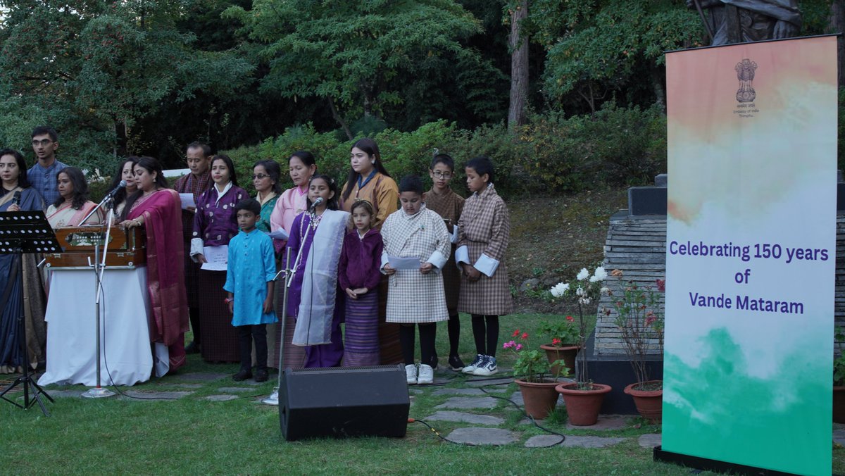 Indiainbhutan's tweet image. 150th anniversary of the national song &quot;Vande Mataram&quot; was commemorated today through mass singing at the Embassy in Thimphu.
#VandeMataram150

@MEAIndia @IndianDiplomacy @iccr_thimphu @iccr_hq @IndiainBhutanCG