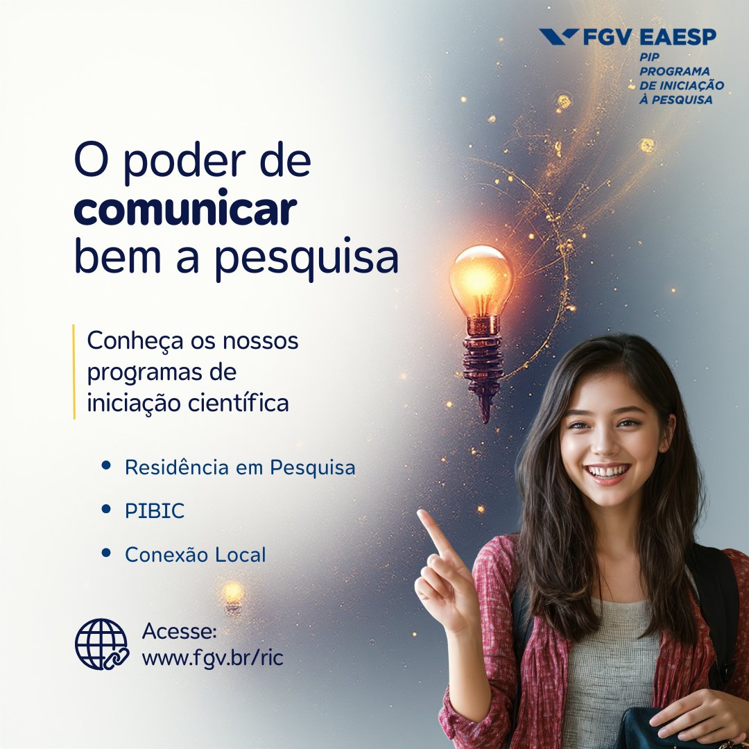 FGVEAESPesquisa's tweet image. Comunicar bem a pesquisa é essencial. Uma boa apresentação amplia impacto e gera oportunidades. Desenvolva habilidades valorizados pelo mercado nos programas do PIP da FGV EAESP. Conheça: go.fgv.br/H9QmjYDk54H
#ComunicaçãoCientífica #PesquisaComImpacto #FGVEAESP