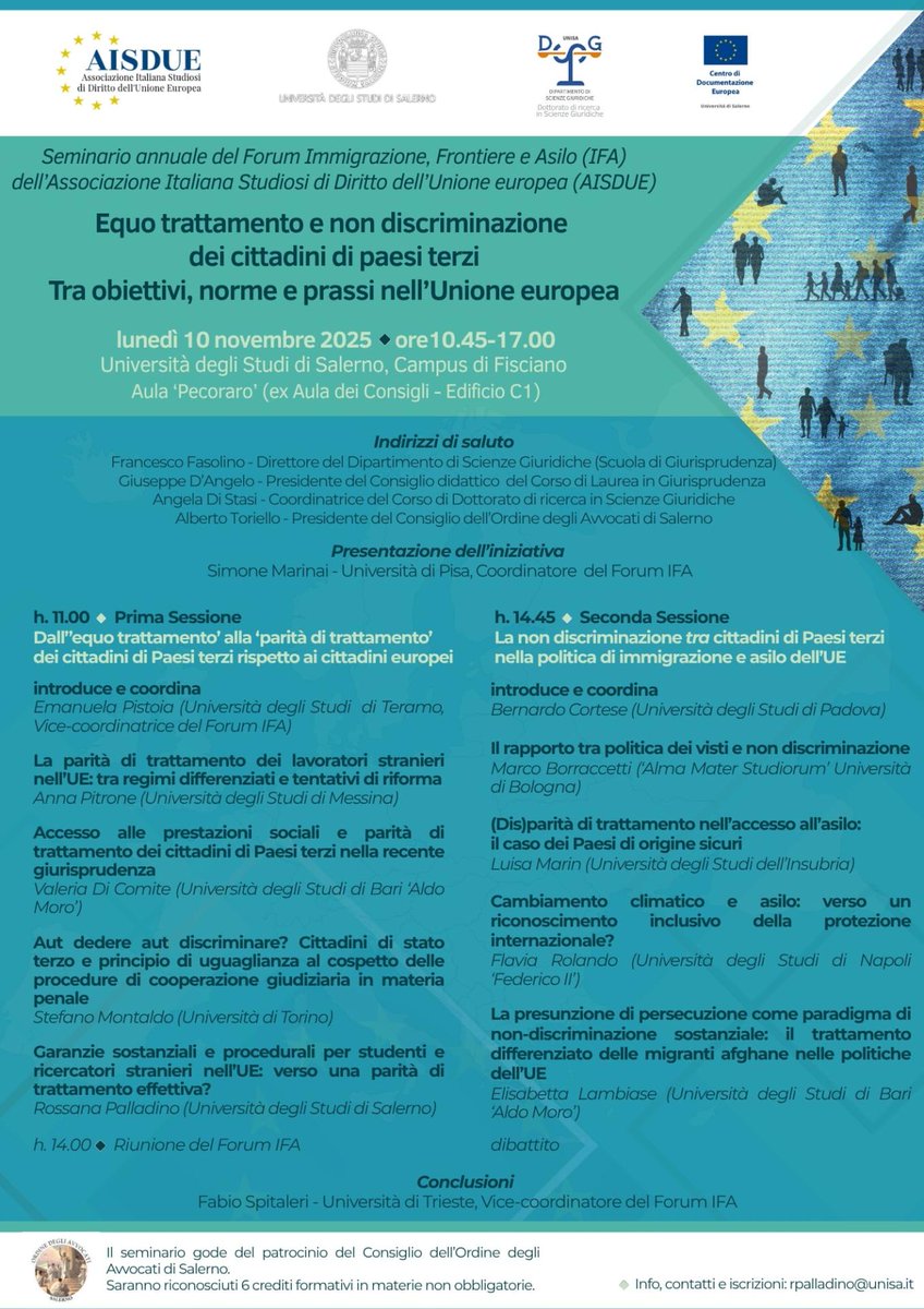 #CDEInforma 

Lunedì 10 novembre si terrà il Seminario sul tema "Equo trattamento e non discriminazione dei cittadini di paesi terzi". 
Patrocinio del Dipartimento di Scienze Giuridiche, Dottorato in Scienze Giuridiche, CDE UNISA e Consiglio dell'Ordine degli Avvocati di Salerno.