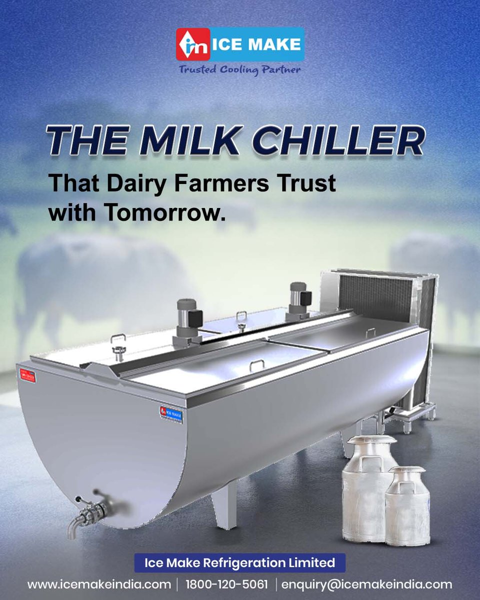 IceMakeRef's tweet image. Keep milk fresh, hygienic, and safe for processing with Ice Make’s Bulk Milk Chiller. Designed for dairy farms, cooperatives, and milk collection centers, it ensures quick cooling, reduced bacterial growth, and longer milk preservation.

#IceMake #BulkMilkChiller