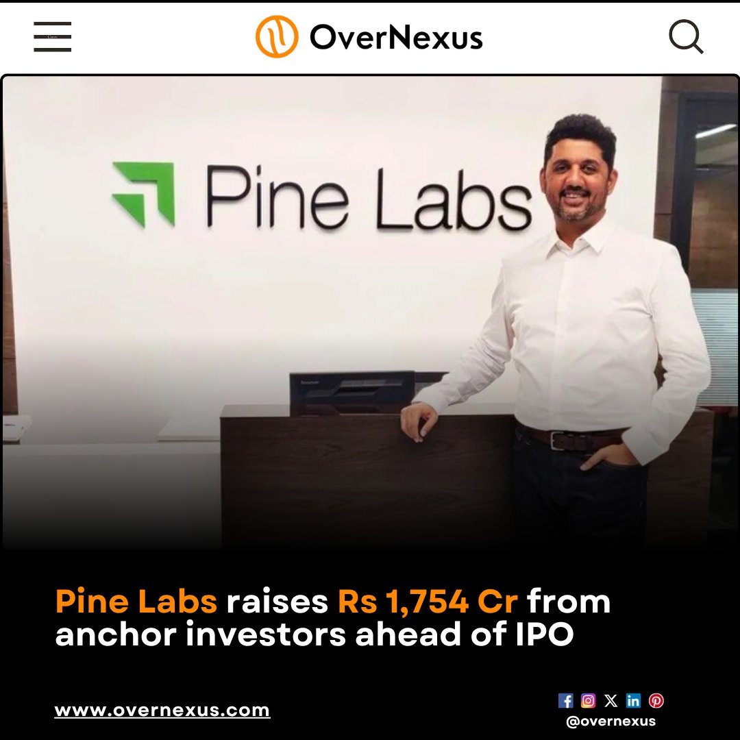 overnexusbiz's tweet image. Pine Labs raised Rs 1,754 crore from anchor investors for its IPO, pricing shares at Rs 221. Over 70 institutional investors participated, primarily domestic mutual funds. The Rs 3,900 crore IPO includes Rs 2,080 crore for fresh issues.

#OverNexus #PineLabsIPO #InvestmentNews