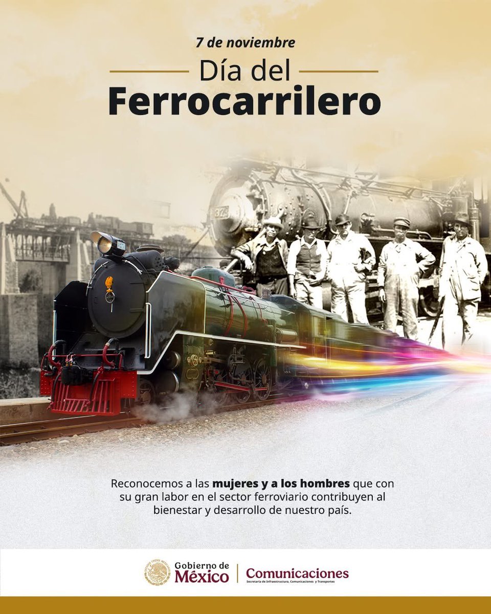 Hoy conmemoramos el #DíaDelFerrocarrilero en México 🚂🚅🇲🇽

Desde la #SICT, reconocemos la gran labor de las trabajadoras y los trabajadores del sector ferroviario, su esfuerzo, compromiso y pasión son grandes aportaciones para el desarrollo nacional y la transformación de