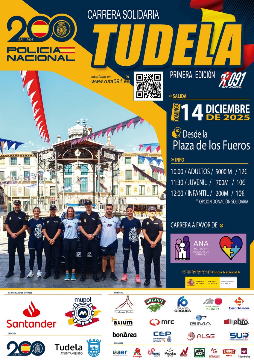 #Tudela corre por la solidaridad 💙

El 14 de diciembre llega la I edición de la #Ruta091, una carrera que une deporte y corazón 🏃‍♀️

Colabora con <a href="/autismonavarra/">ANA autismonavarra</a>  y vive una jornada única ✨

Apúntate ya 👇
🔗 ruta091.es/carreras

<a href="/polimupol/">Mupol</a> 
<a href="/santander_es/">Santander España</a>
