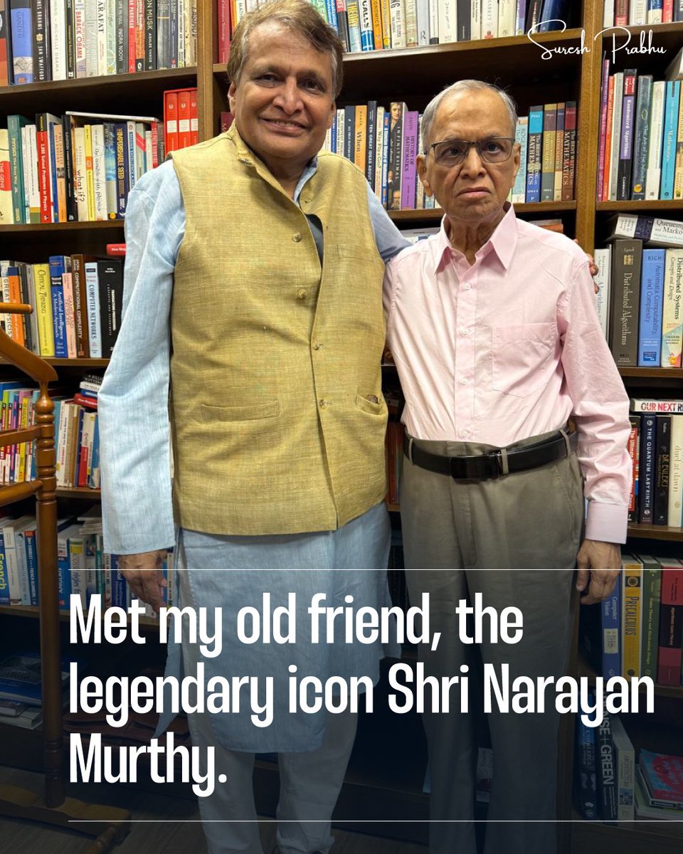 sureshpprabhu's tweet image. Meeting my old friend, the legendary icon Shri Narayan Murthy. We go back almost 40 years, when he was laying the foundation of #Infosys and I was serving as Chairman of Saraswat Co-operative Bank.

Our friendship has remained constant and unwavering through the passage of time.…