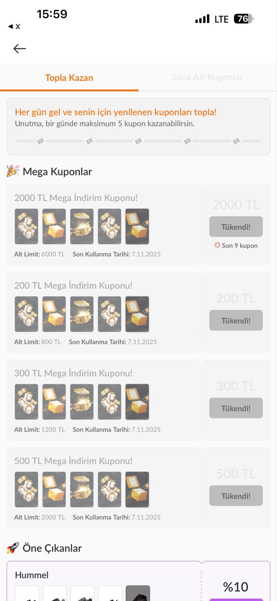 “Mega Kuponları” neden sadece bildirim geldiğinde ve sadece bildirime tıklayınca görüyoruz? Kupon bildirimi geldiğinde ise kuponlar bitmiş oluyor.

Eski adaletli sisteminizi değiştirip bu saçma ucube sisteme geçmenizi sağlayan kişilerin kulağını iyi çınlatıyoruz.

<a href="/TrendyolDestek/">Trendyol Destek</a>