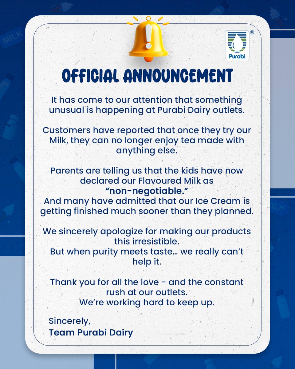 purabidairy's tweet image. 🚨 Official Apology 🚨
We admit it. We’re guilty… of being too tempting 🤭
And yes… we just made the menu even more irresistible. 🔥

#PurabiDairy #officialannoucement #guiltyofbeingtootasty #SorryNotSorry #togoodtoresist