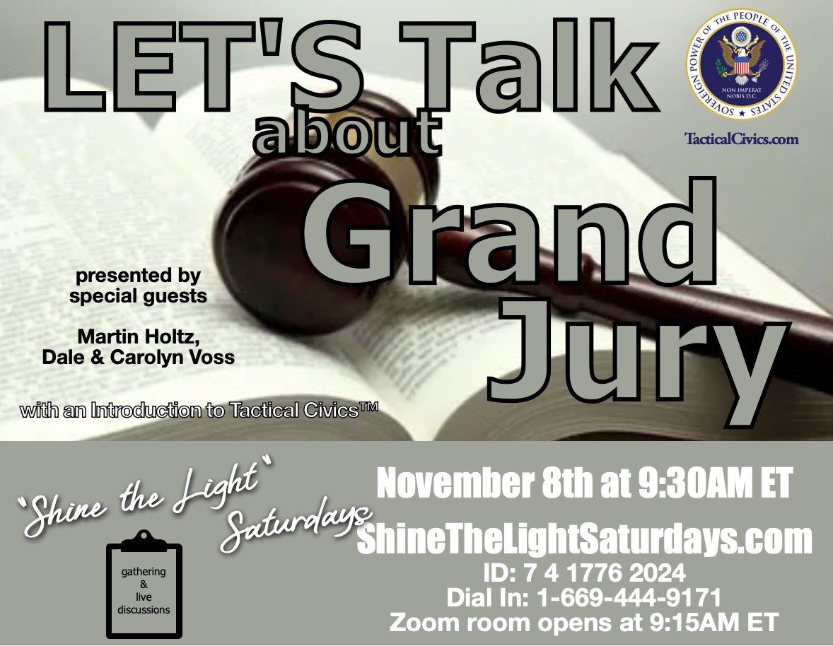 TheCivicsChicks's tweet photo. Don’t miss this special presentation with special guest hosts: Dale & Carolyn Voss and Martin Holtz as they dig even deeper into Grand Jury. 
If you have ever wanted to know more about Grand Jury and have questions, bring them and bring your friends! 
Then next Wednesday they will present on Militia. Good stuff to learn. 
Hope to see you then. 
LogIn
Every Saturday morning at 9:30EST/8:30CDT/7:30MT/6:30PT
https://t.co/R8QWnlQpzb
ID: 7 4 1776 2024
Dial In: 1-669-444-9171
Zoom room opens at 9:15AM EST