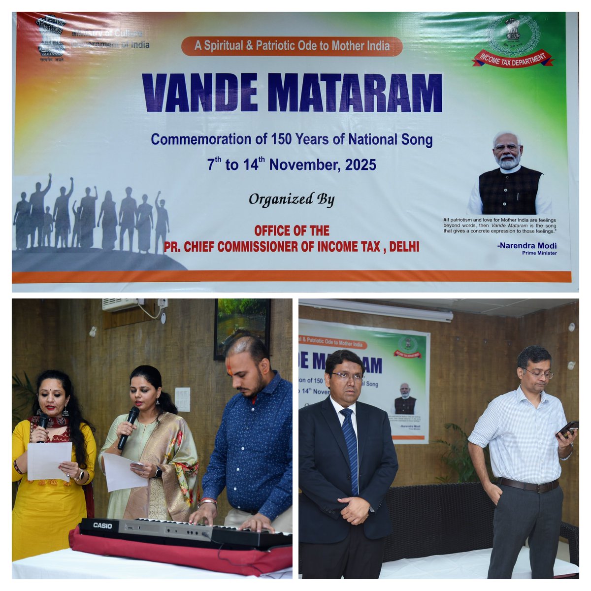 incometaxdelhi's tweet photo. The Office of the Pr. Chief Commissioner of Income Tax, Delhi, organised a mass singing of Vande Mataram on 7th Nov, 2025 at the CR Building to commemorate 150 years of India’s National Song. Officers and officials enthusiastically participated, marking the beginning of year-long celebrations, celebrating its timeless message of unity, devotion, and love for the motherland. 🇮🇳