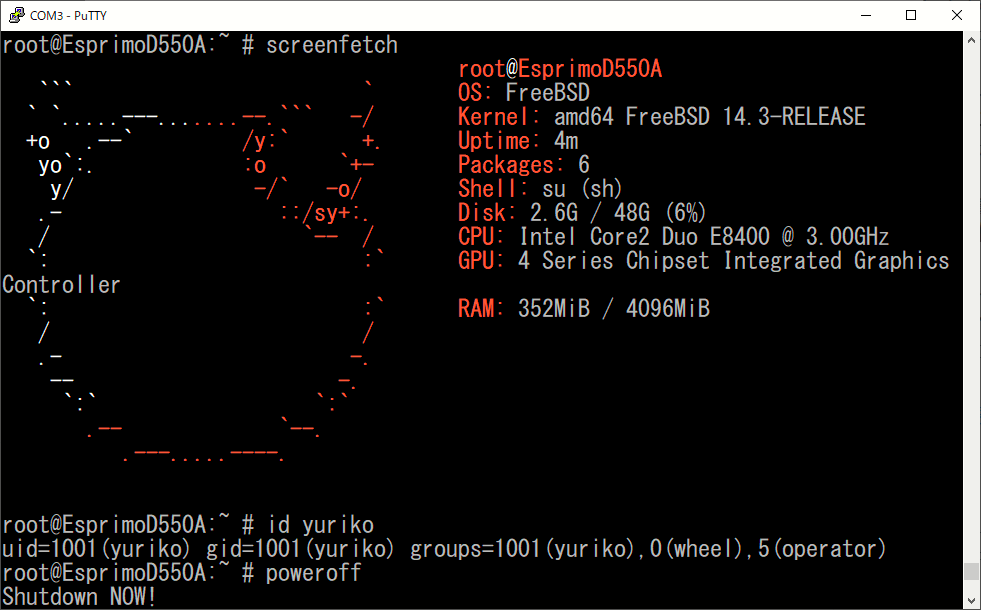 IchikawaYukko's tweet image. 👩🏻‍✈️#Core2Duo E8400はx86じゃなくてamd64だよ！と指摘されたので、64bit版で入れ直してみたらなんか入ったｗ となると15の正式版が出ても大丈夫だなっ☆

※x86は #FreeBSD14 まで
