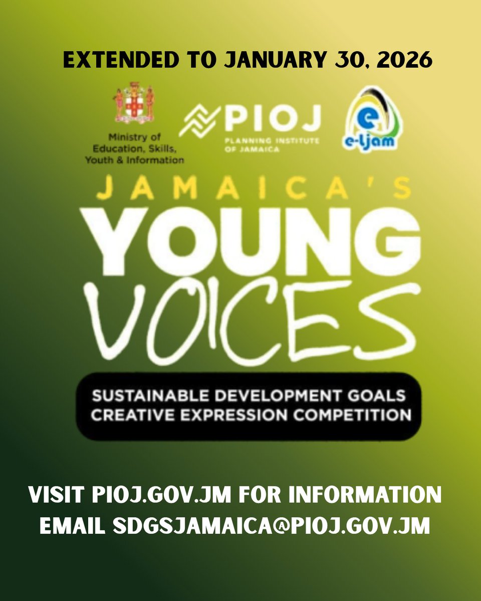 Dear School Teacher,
The SDG Creative Expression Competition has been extended to January 30, 2026.  We remain grateful for your commitment to fostering hope, among our children.
pioj.gov.jm/event/2025-jam…
CONTACT: SDGSJamaica@pioj.gov.jm