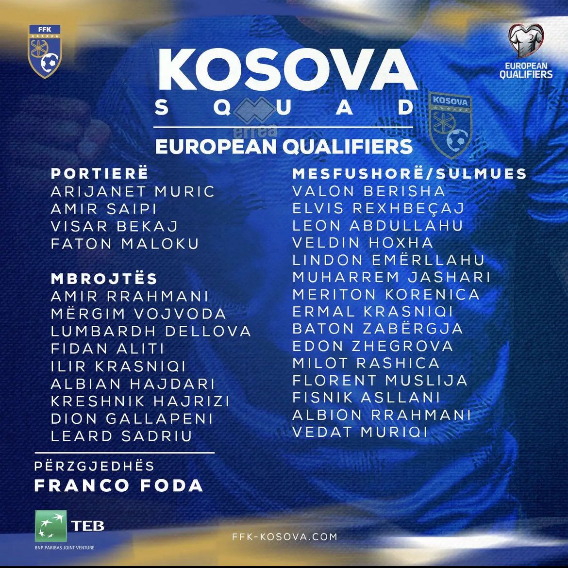 kosovarfootball's tweet photo. ๐จ๐ This is the #Kosovo squad for the upcoming qualifiers ๐ Slovenia and Switzerland.
Hajde Kosovรซ!๐ฝ๐ฐ
#SLOKOS | #KOSSUI https://t.co/dnURzjdqxc