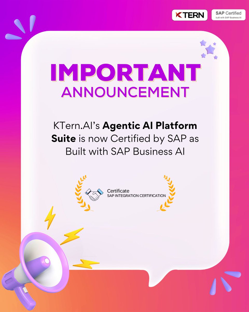 KTernOfficial's tweet image. We’re proud to announce that KTern.AI’s Agentic AI Platform Suite has been certified by SAP as Built with SAP Business AI, leveraging SAP BTP’s Generative AI Hub in SAP AI Core.

Here is the official press release: ktern.com/news/built-wit…

#KTernAI #SAPBusinessAI