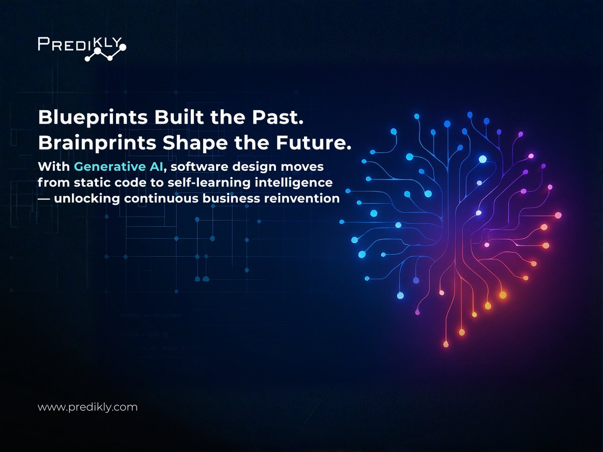 PrediklyTech's tweet photo. Generative AI shifts software from static code to living intelligence — systems that learn, reason, &amp; adapt. Blueprints built the past; brainprints are building what’s next
Connect with our experts to explore how Generative AI can drive intelligence across your software ecosystem https://t.co/JyUVZ0Yb93