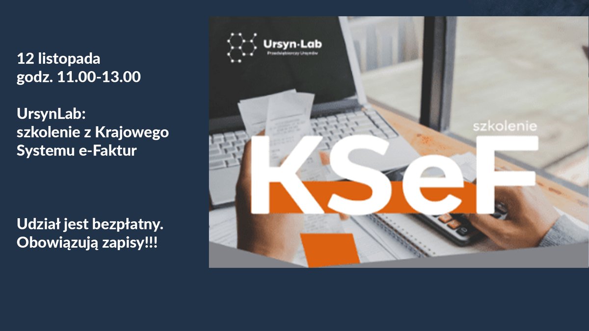 📢12 listopada 2025 r. w godz. 11:00–13:00 odbędzie się szkolenie poświęcone #KSeF, które poprowadzą przedstawiciele #US Warszawa-Ursynów.
Dodatkowe spotkanie zaplanowano na 5 grudnia.
Udział w szkoleniu jest bezpłatny, ale obowiązują zapisy - app.evenea.pl/event/883300-6…
Zapraszamy!