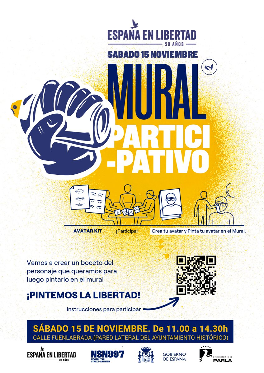 AytoParla's tweet image. #Parla se une a municipios de todo el país para pintar un mural participativo 𝑬𝒔𝒑𝒂𝒏̃𝒂 𝒆𝒏 𝒍𝒊𝒃𝒆𝒓𝒕𝒂𝒅, 50 𝒂𝒏̃𝒐𝒔. Os invitamos a participar creando vuestro avatar y formando parte este proyecto: 📍 15 noviembre, 11h, C/ Fuenlabrada junto a Ayto. histórico.