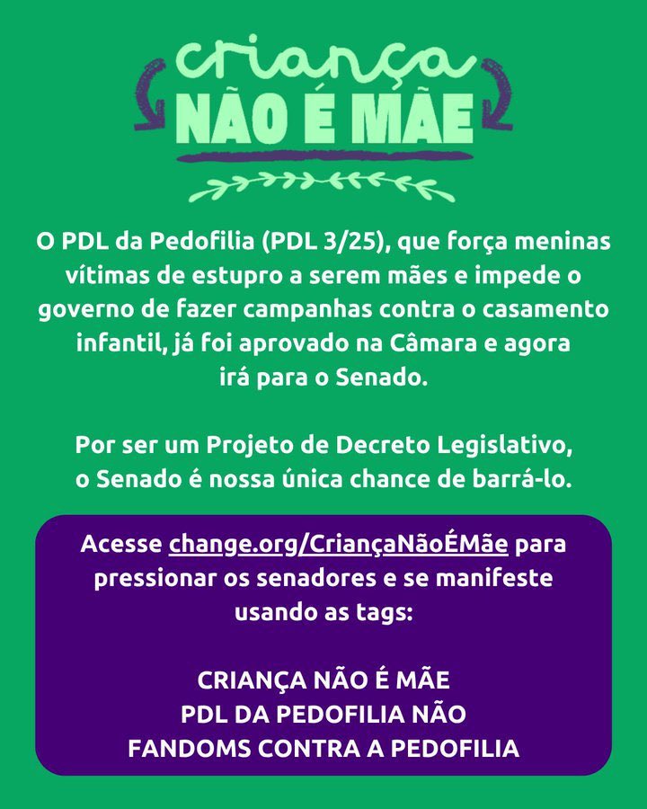 QGDAVALESCAA's tweet image. 🚨FANDOMS CONTRA A PEDOFILIA

O PDL da Pedofilia, projeto que obriga meninas estupradas a manter a gravidez e proíbe campanhas contra o casamento infantil. 
Já aprovado naCâmara. 

A campanha pede que todos assinem a petição em change.org/CriançaNãoÉMãe para
pressionar os senadores