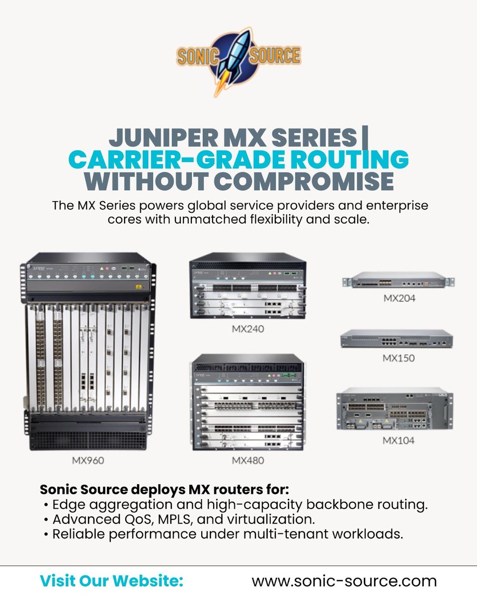 SourceSoni25436's tweet image. From metro networks to enterprise backbones, the Juniper MX Series delivers performance at carrier scale.
 Sonic Source configures, secures, and supports MX routers for the most demanding environments.
.
.
.
.
#sonicsource #junipermx #carrierrouting #networkinfrastructure