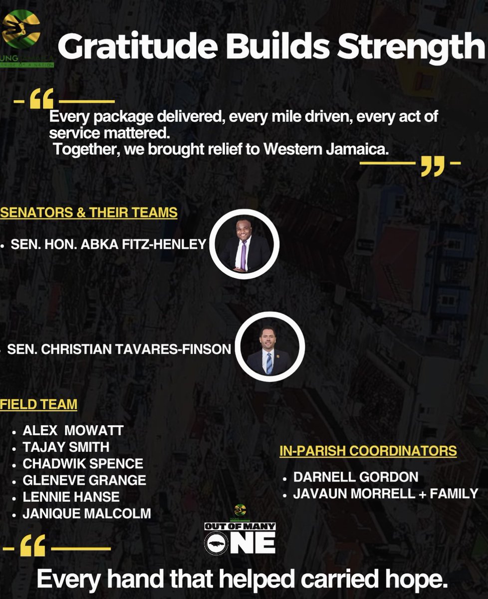 Out of Many, One People, and One Mission 🇯🇲

The OutOfManyOne Relief Project embodies what Jamaica stands for: Unity, Resilience, and Service. 

Hurricane Melissa tested our strength, but together we rise.

Through collaboration and commitment, Young Jamaica members and partners