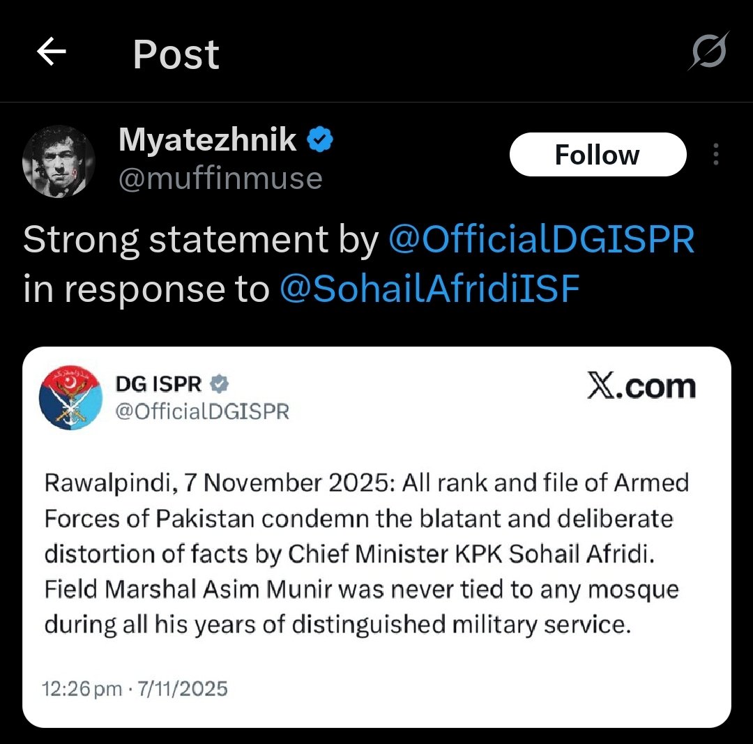 آئی ایس پی آر کے پاس تو اتنا وقت نہیں کہ خیبرپختونخواہ کے کتے کے بیان پر کوئی ٹوئٹ کریں لیکن پھر بھی عمران نیازی جیسے نجس جانور کو مسجد میں باندھنے پر ہم فوجیوں کی شدید مذمت کرتے ہیں۔