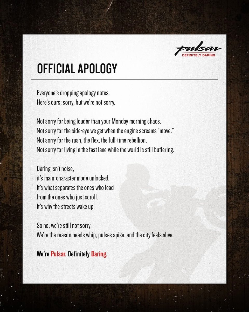 Arun_Kaku05's tweet image. Too loud? Too fast? Too daring?
Yeah. Not sorry because being normal was never the plan.

#SorryNotSorry #DefinitelyDaring
#ApologyTrend @_bajaj_auto_ltd