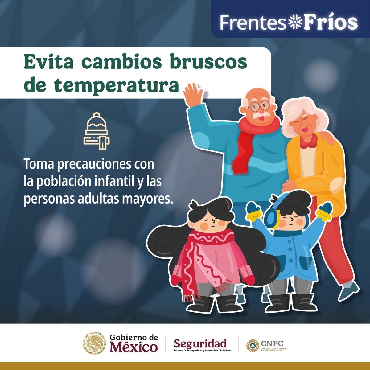 Con la llegada de los frentes fríos 🧣❄️, proteger la salud de niñas, niños y personas mayores es esencial. Evita los cambios bruscos de temperatura y procura mantener los espacios cálidos y ventilados. Cuidarnos es tarea de todas y todos.