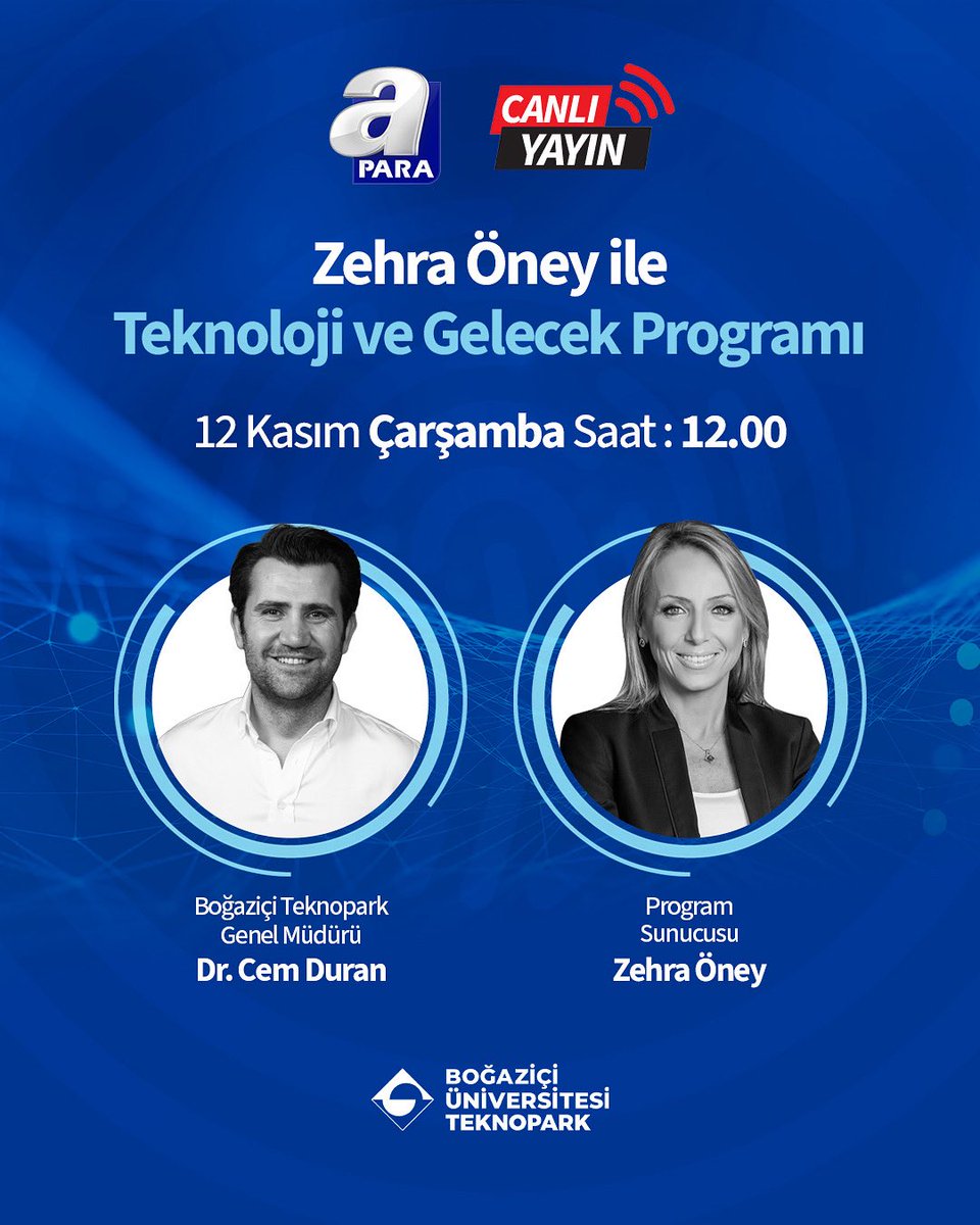📺 Genel Müdürümüz Dr. Cem Duran, 12 Kasım Çarşamba saat 12.00’de A Para’da yayınlanan “Teknoloji ve Gelecek” programına konuk olacak.
Zehra Öney’in soruları eşliğinde teknoparkların Türkiye ve dünyadaki gelişimi ve teknoparkların sağladığı destekler başlıkları ele alınacak.