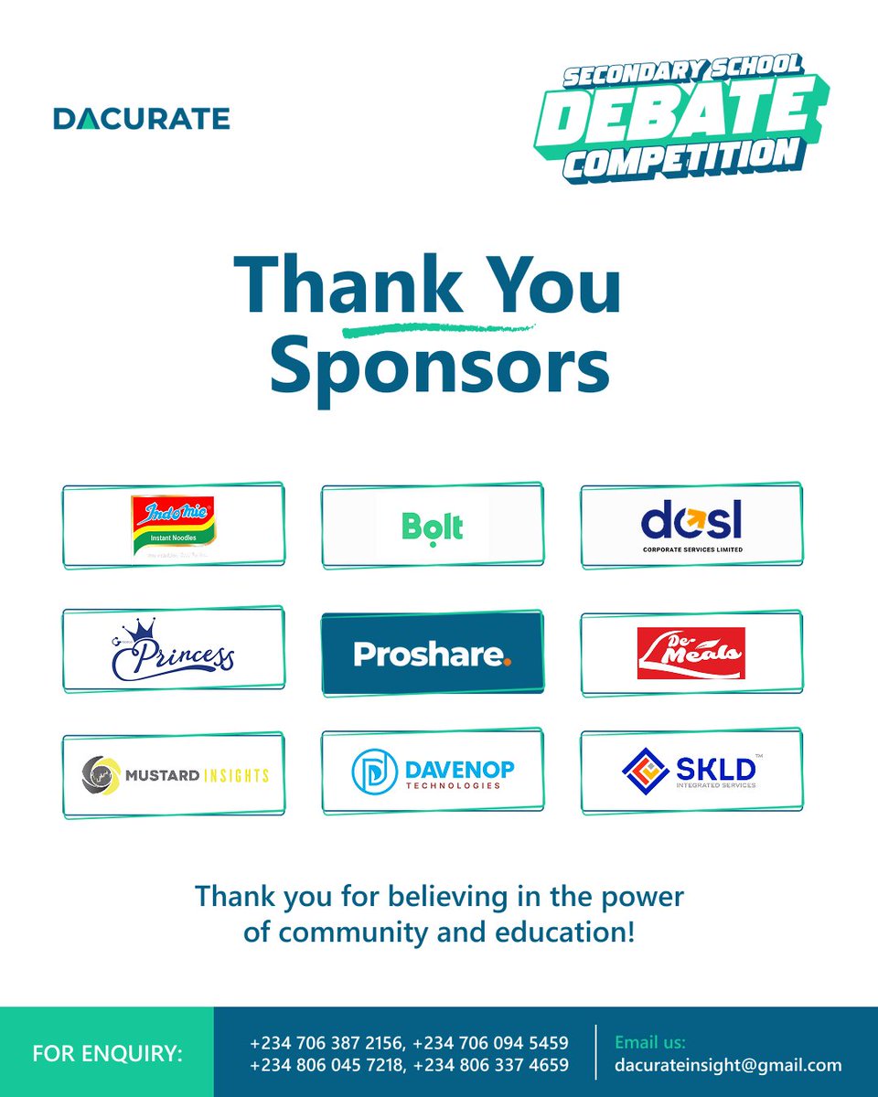 Big thanks to our sponsors for believing in education and tomorrow’s leaders!

You made this journey possible.

#DacurateDebate
#LeadershipandTechnology 
#2025DacurateSecondarySchoolDebate